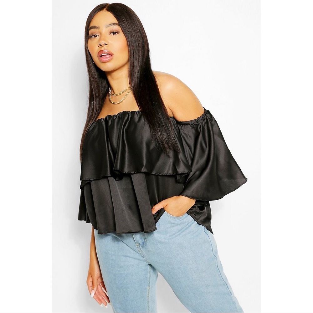 Satin ruffle Bardot top